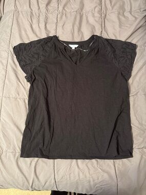 Time and Tru Black V-Neck Top with Eyelet Sleeve Detail